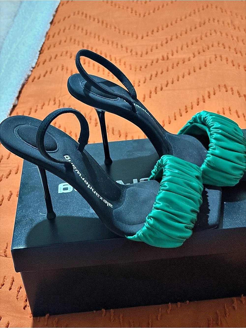 Alexander Wang Julie Satin Scrunchie Slingback Sandal in Black & Green